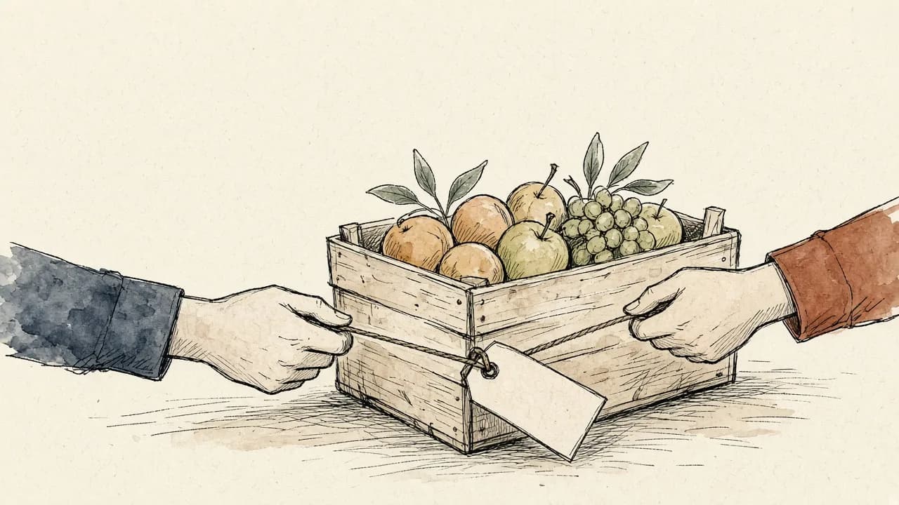 Caixa de feira com frutas e uma etiqueta em branco presa por um barbante; duas mãos, uma com manga azul-ardósia e outra com manga cor de ferrugem, puxam o barbante em direções opostas.