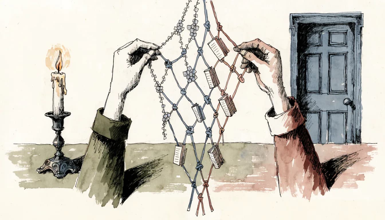 Ilustração de duas correntes — cristais e cadernos — tecendo a mesma rede sobre uma mesa de estudo