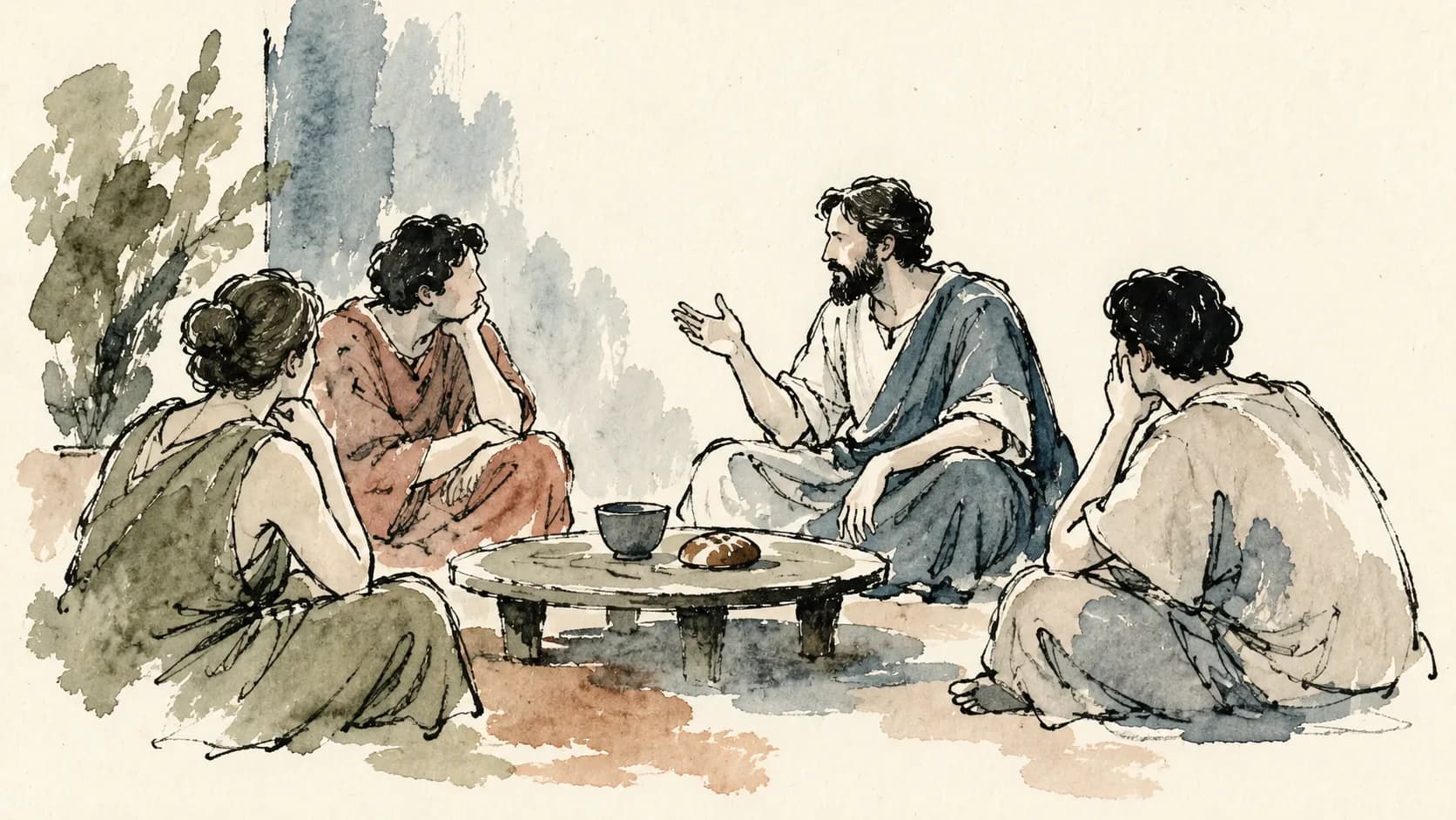 Ilustração de quatro pessoas reunidas para conversar em torno de uma mesa baixa
