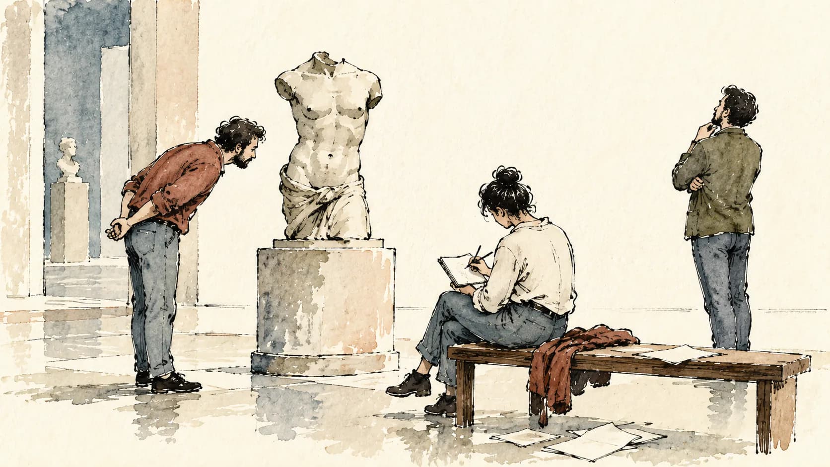 Observadores com opiniões diferentes diante de uma escultura em um museu