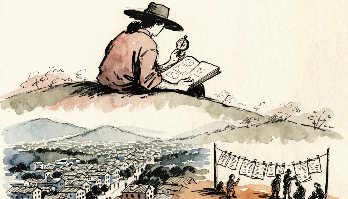 Ilustração de estudioso no alto com bússola e caderno geométrico; abaixo, figuras reordenam manchetes num varal
