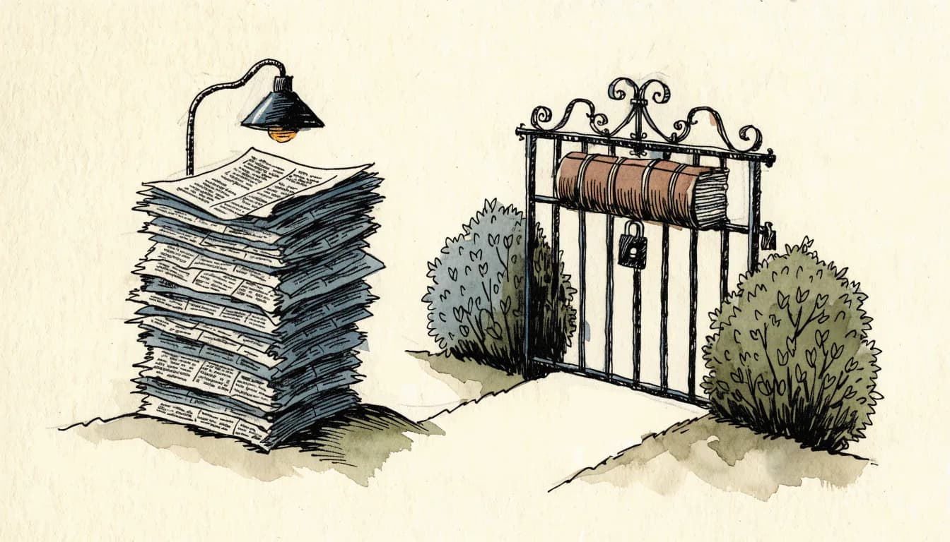 Ilustração de bifurcação: pilha de jornais sob lampião e portão de jardim com volume engastado