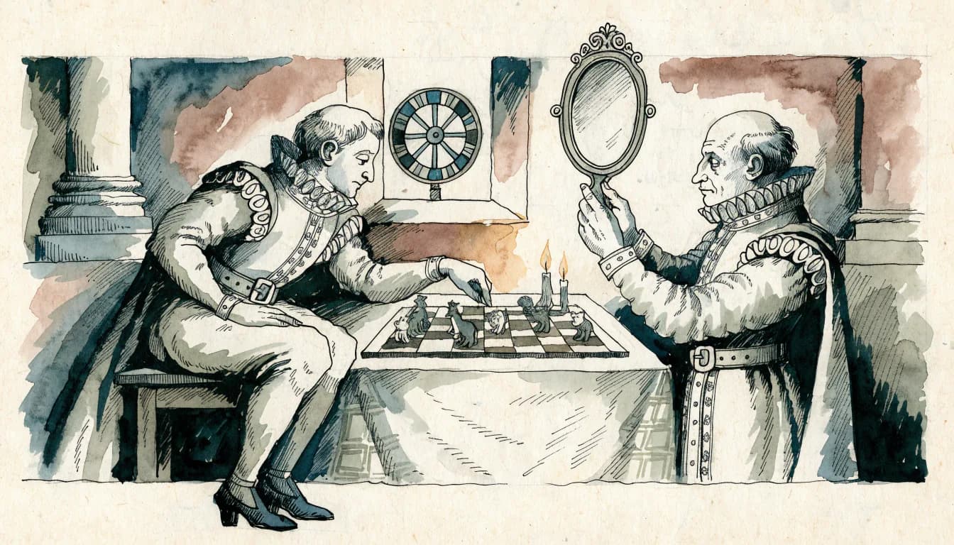 Ilustração de príncipe renascentista jogando tabuleiro de raposa e leão enquanto cortesão ergue espelho vazio e roda da fortuna gira na janela