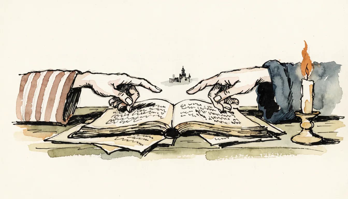Ilustração de manuscrito aberto sob vela, duas mãos apontando a mesma linha; caricatura de castelo das trevas minúscula ao fundo