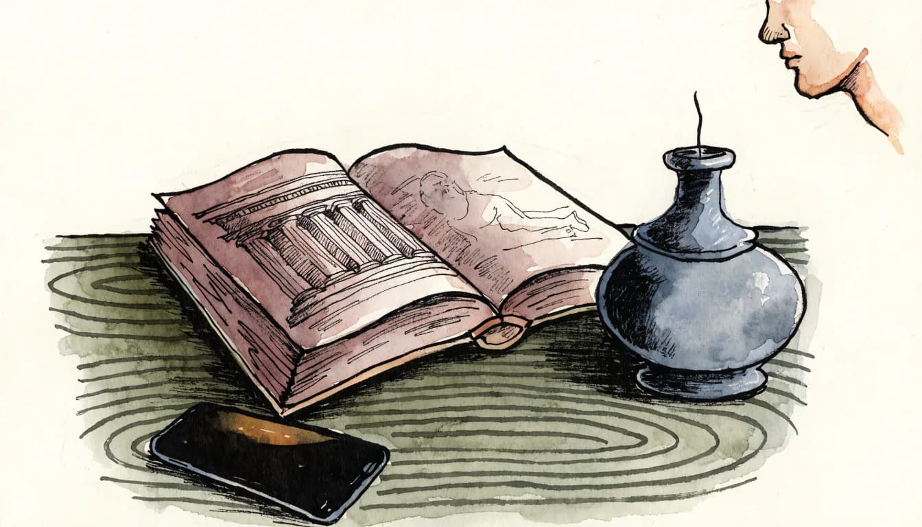Ilustração de caderno estoico aberto na mesa com celular virado para baixo à margem