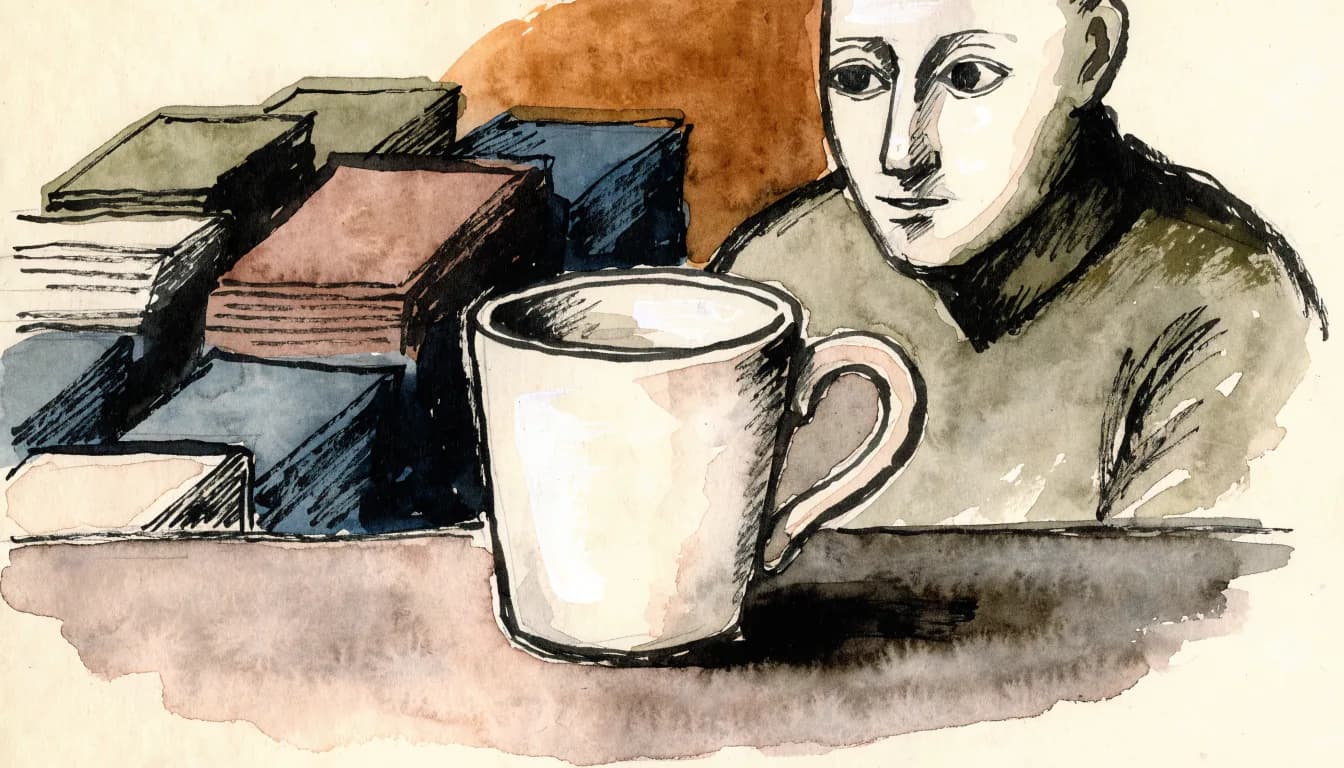 Ilustração de uma xícara sob atenção intensa na mesa, com teorias empurradas para a margem