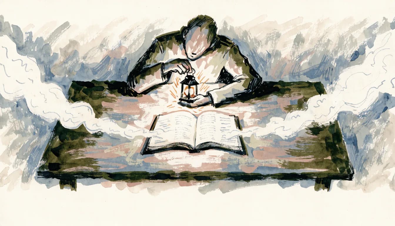 Ilustração de um leitor com lanterna sobre um manuscrito enquanto névoas de leituras vagas se dissipam à margem