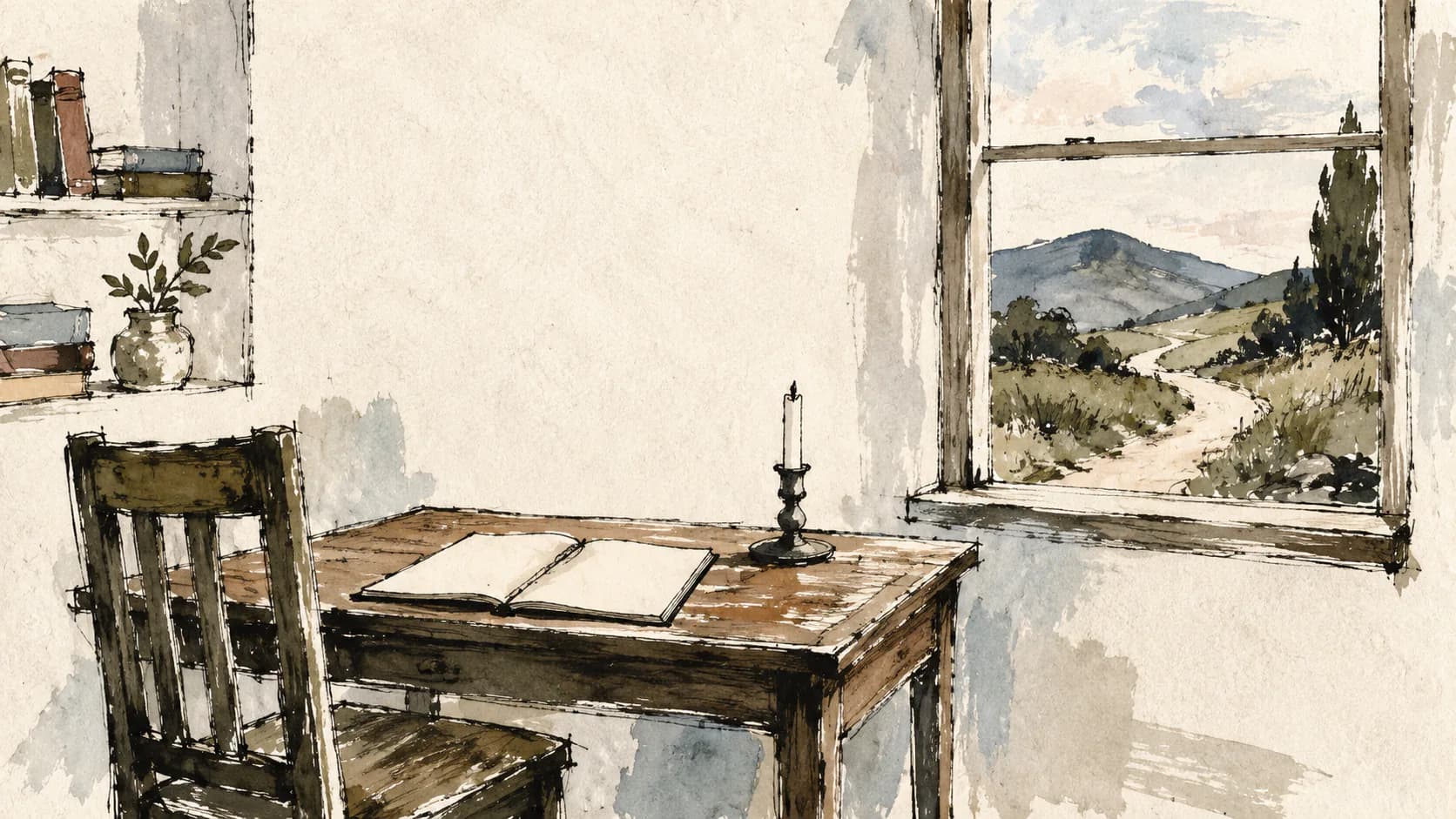 Cadeira, caderno e vela diante de uma janela aberta para um caminho