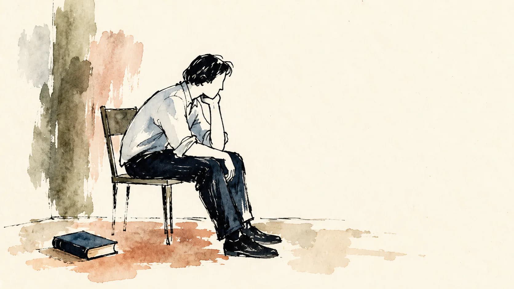 Ilustração de uma pessoa sentada em uma cadeira inacabada ao lado de um livro