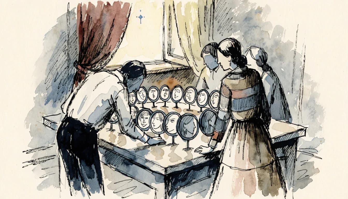 Ilustração de vários espelhos em círculo sobre a mesa com uma janela e estrela polar ao fundo