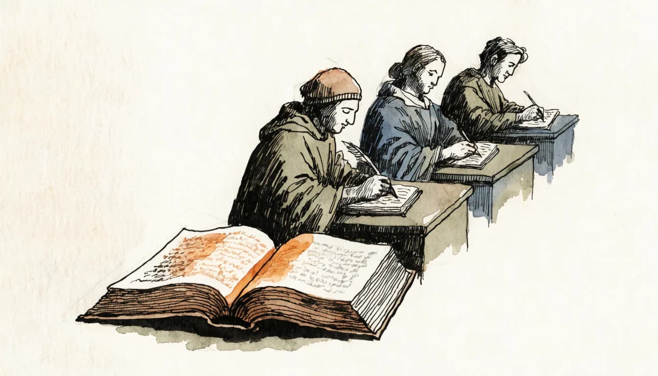 Ilustração de um volume medieval aberto e, atrás, três leitores de épocas distintas anotando o mesmo texto em cadernos diferentes