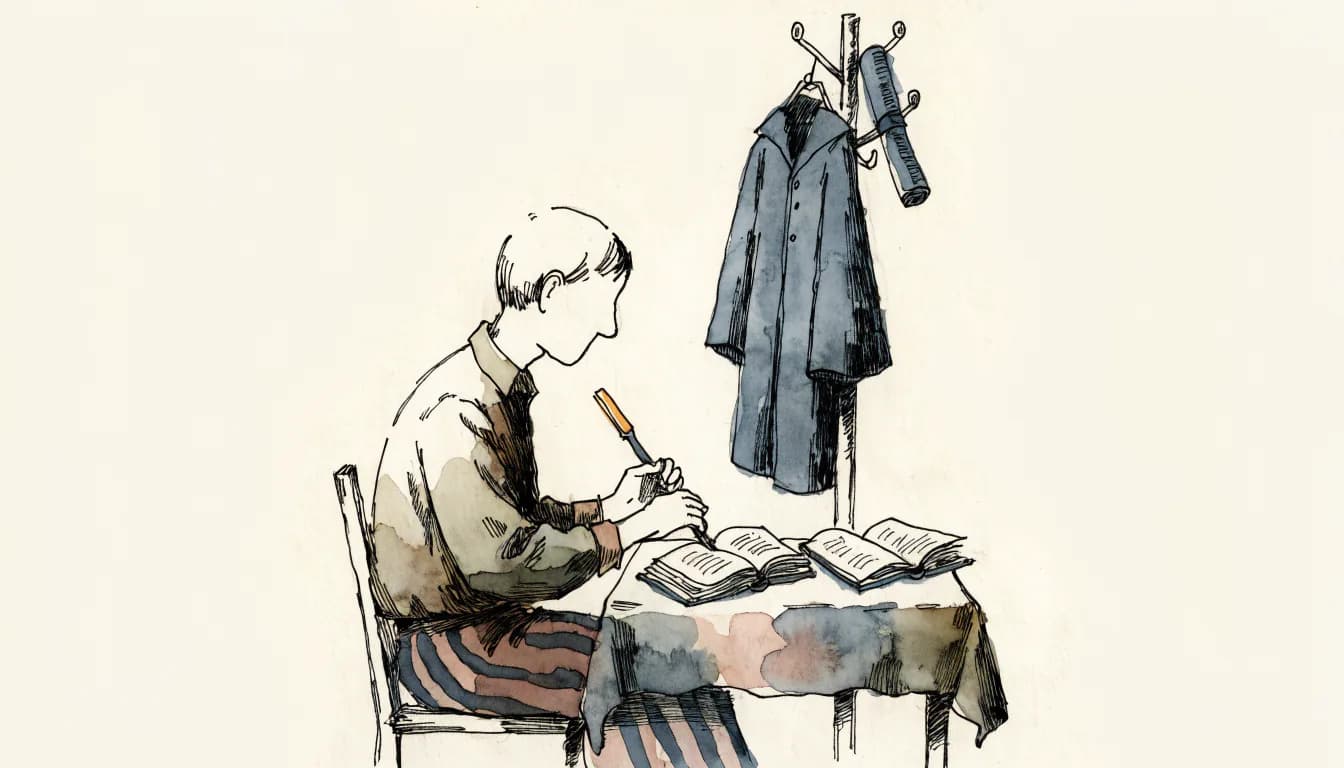 Ilustração de um adulto que afia um formão à mesa enquanto uma beca ou diploma pende sem uso no cabide