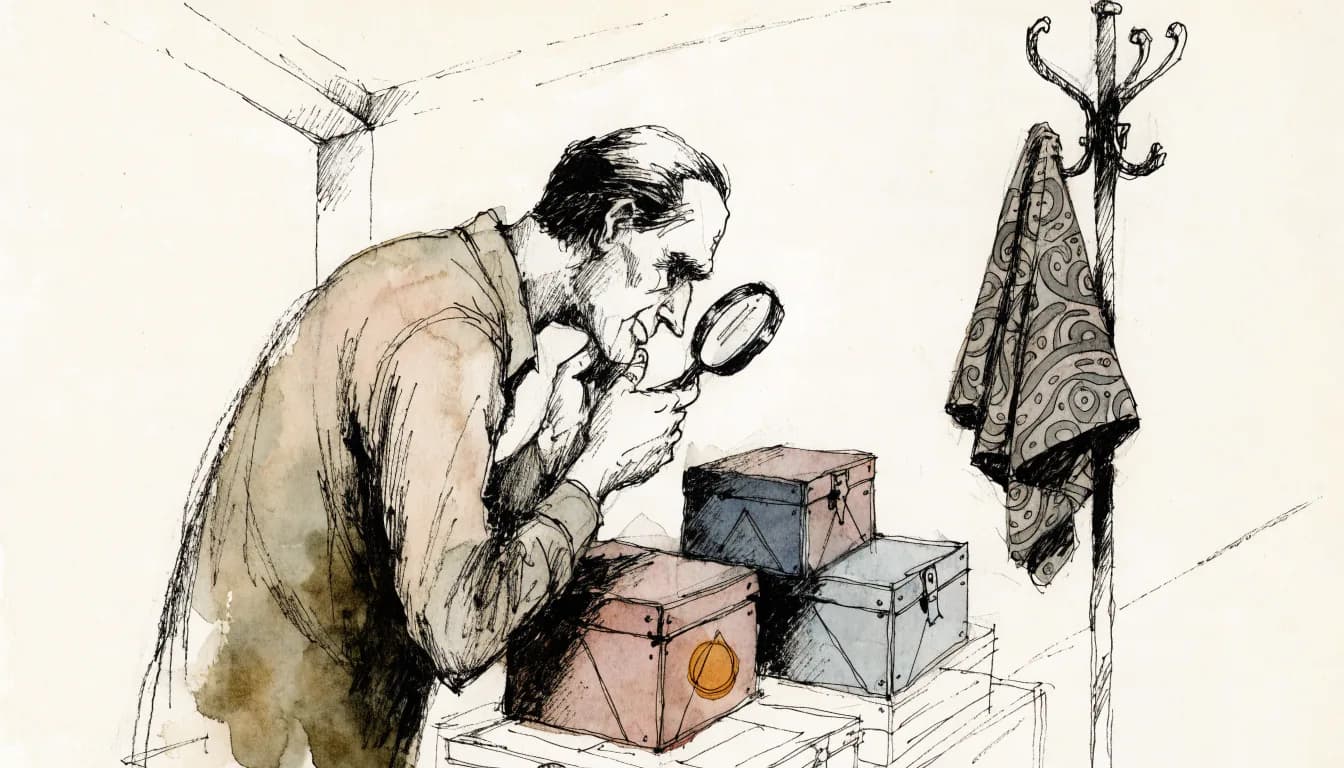 Ilustração de um estudioso com lupa diante de caixas seladas enquanto um manto de guru fica sem uso no cabide