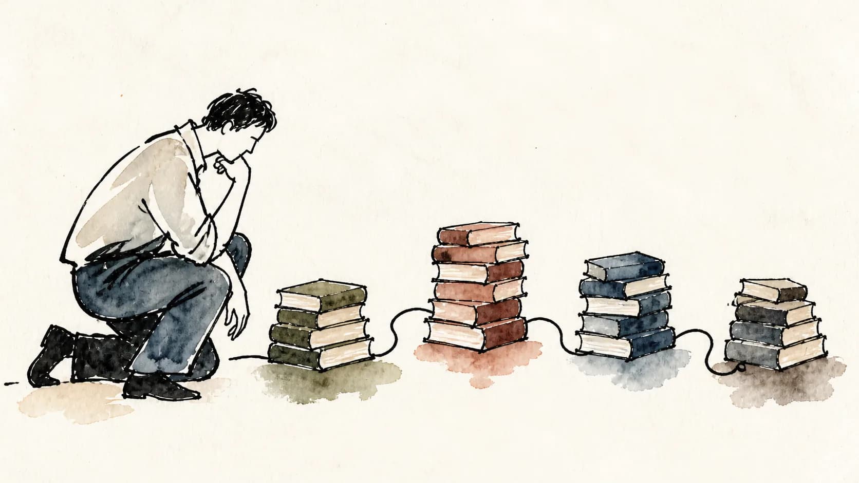 Ilustração de um leitor escolhendo entre quatro pilhas de livros