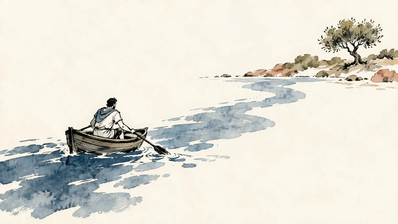 Ilustração de um viajante em um pequeno barco remando em direção a uma oliveira