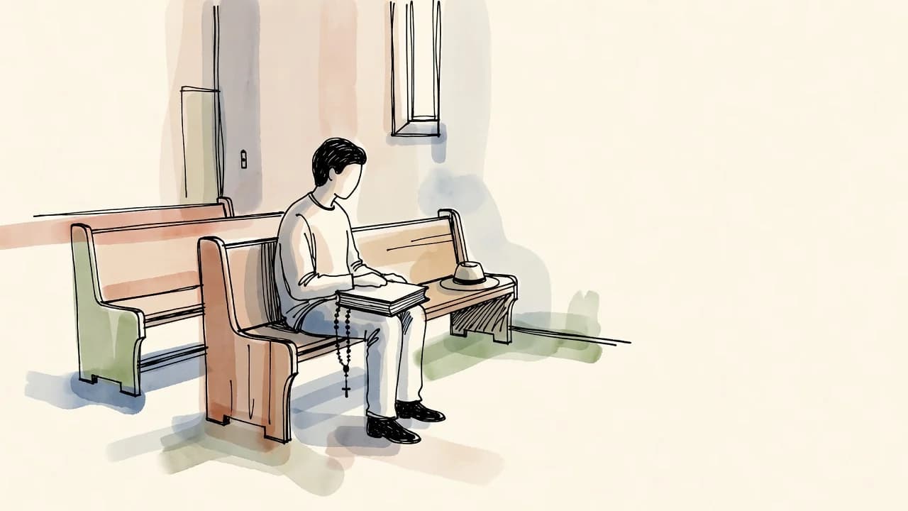 Pessoa anônima, vista de costas, sentada no último banco de uma igreja quase vazia, com um livro fechado no colo e um terço na mão; luz de uma janela alta e um chapéu no banco ao lado.