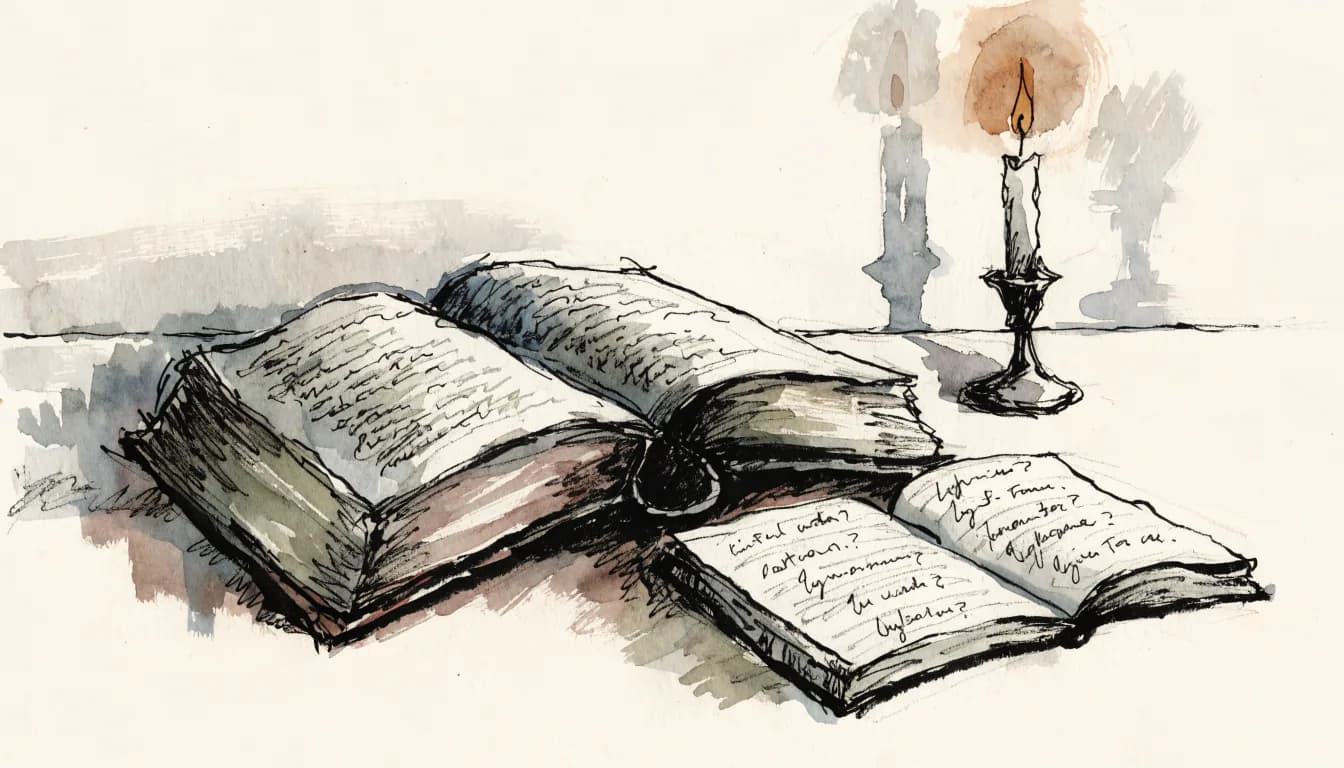 Ilustração de romance russo aberto ao lado de caderno de perguntas sob vela