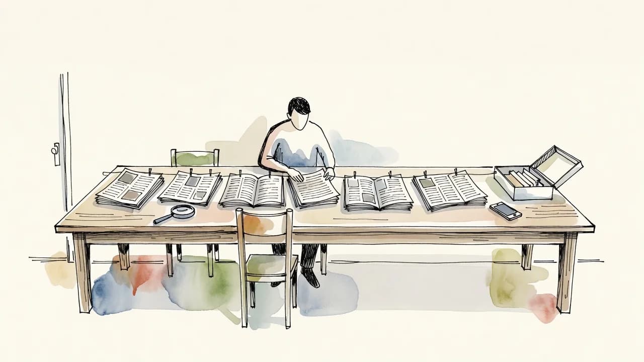 Pessoa anônima, sem rosto definido, organiza sobre uma mesa comprida uma fileira de jornais e folhas sem texto legível, presas a um barbante como linha do tempo; ao lado, lupa, caixa de arquivo e celular.