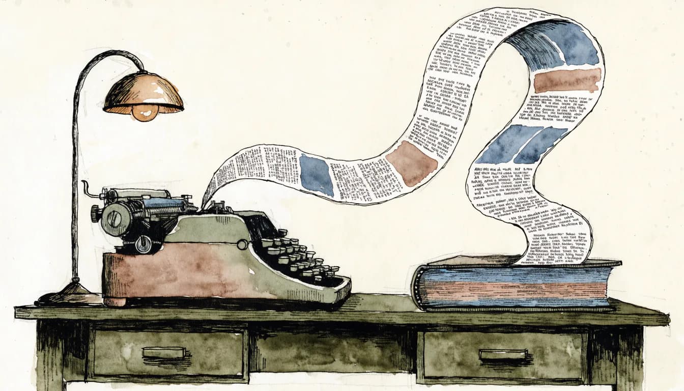 Ilustração de máquina de escrever cujas colunas tipográficas se empilham em livro