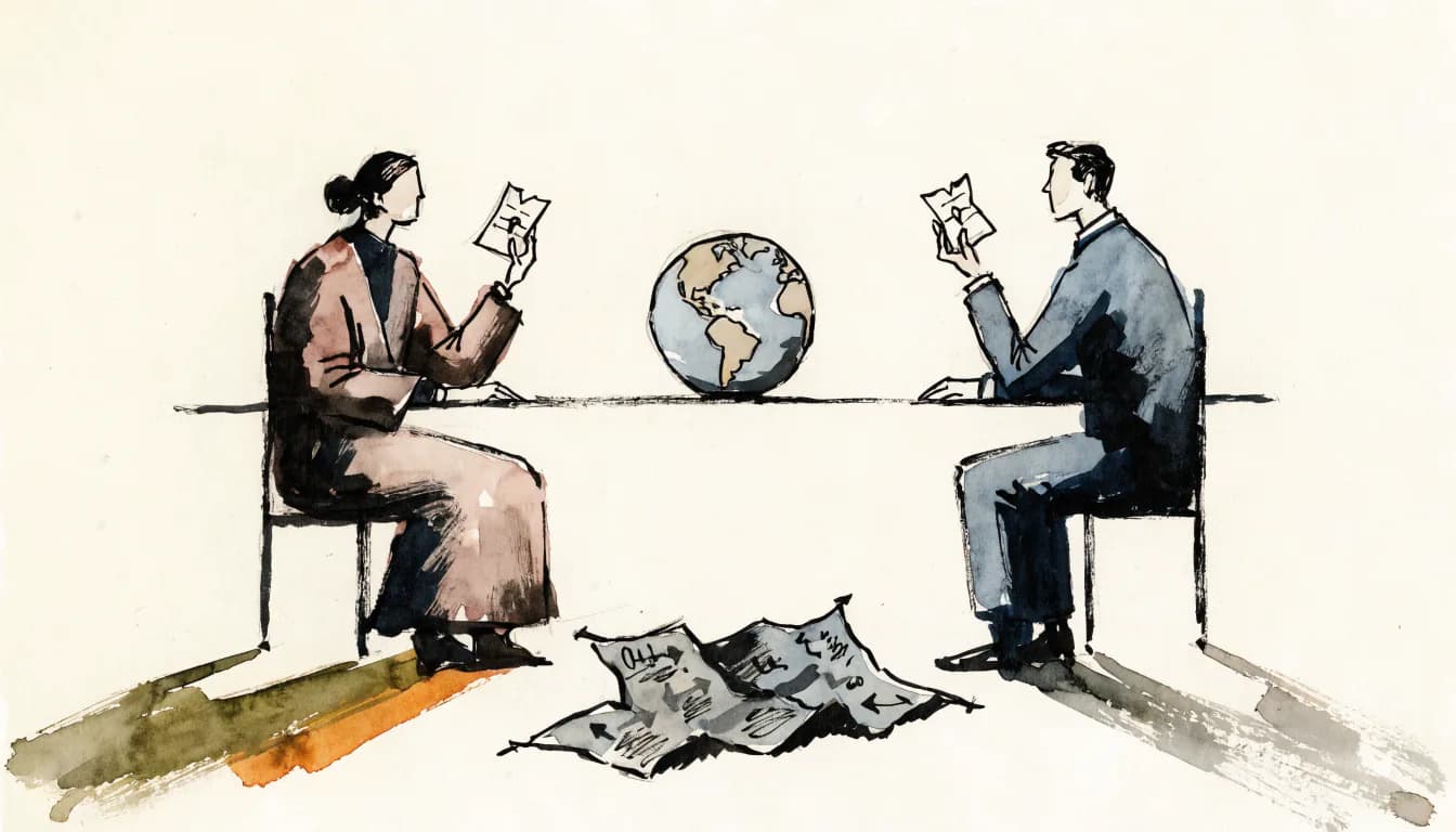 Ilustração de dois correspondentes trocando cartas sobre um globo simples; cartaz conspiratório amassado no chão