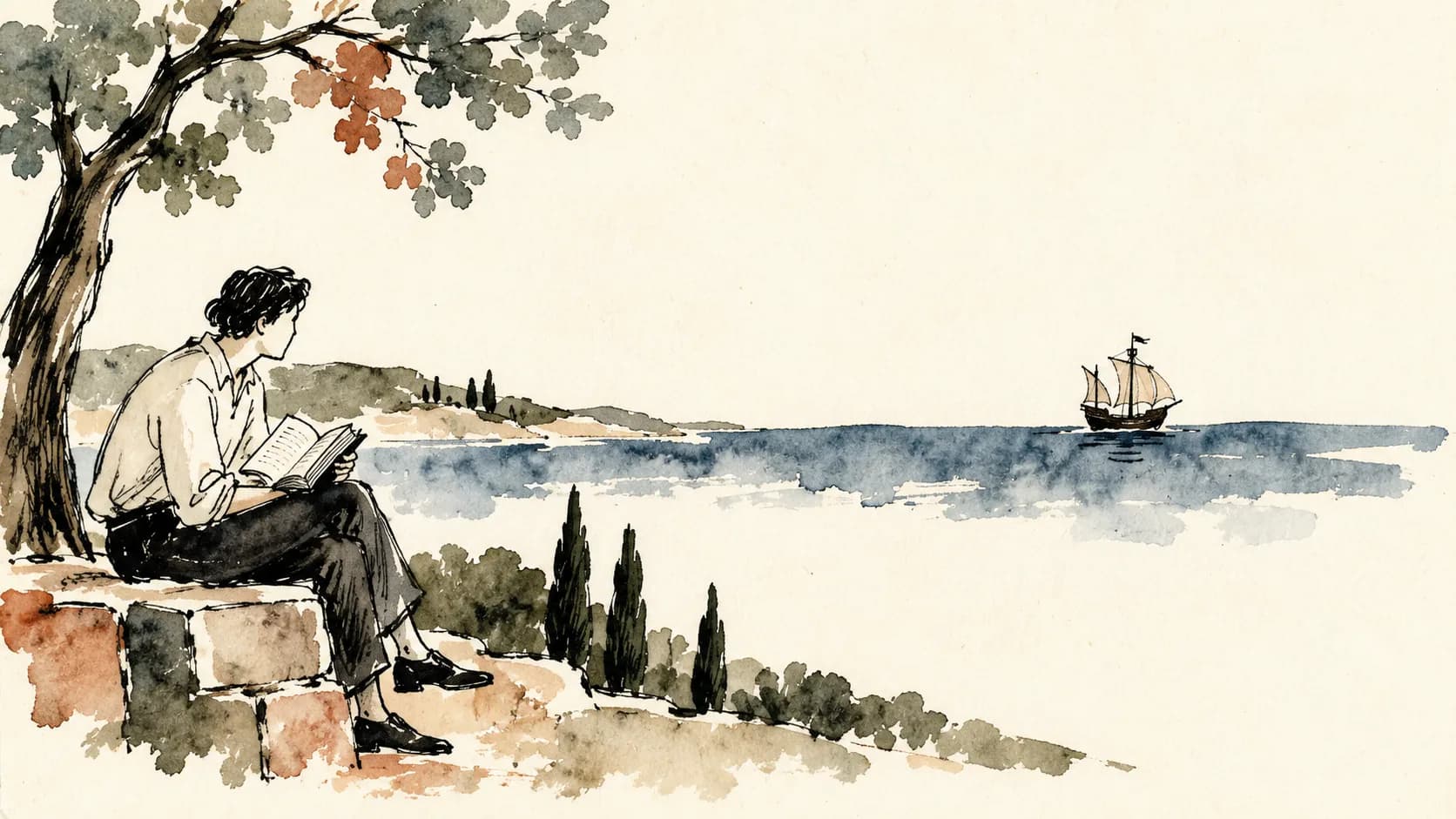 Ilustração de um leitor observando uma pequena nau que cruza o mar