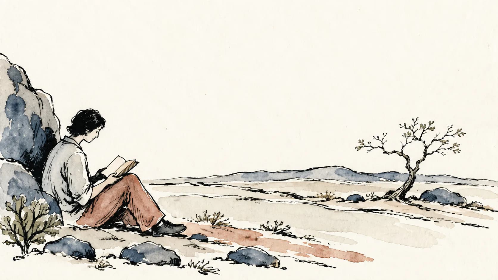 Ilustração de um leitor diante de uma paisagem árida com árvore retorcida e pedras