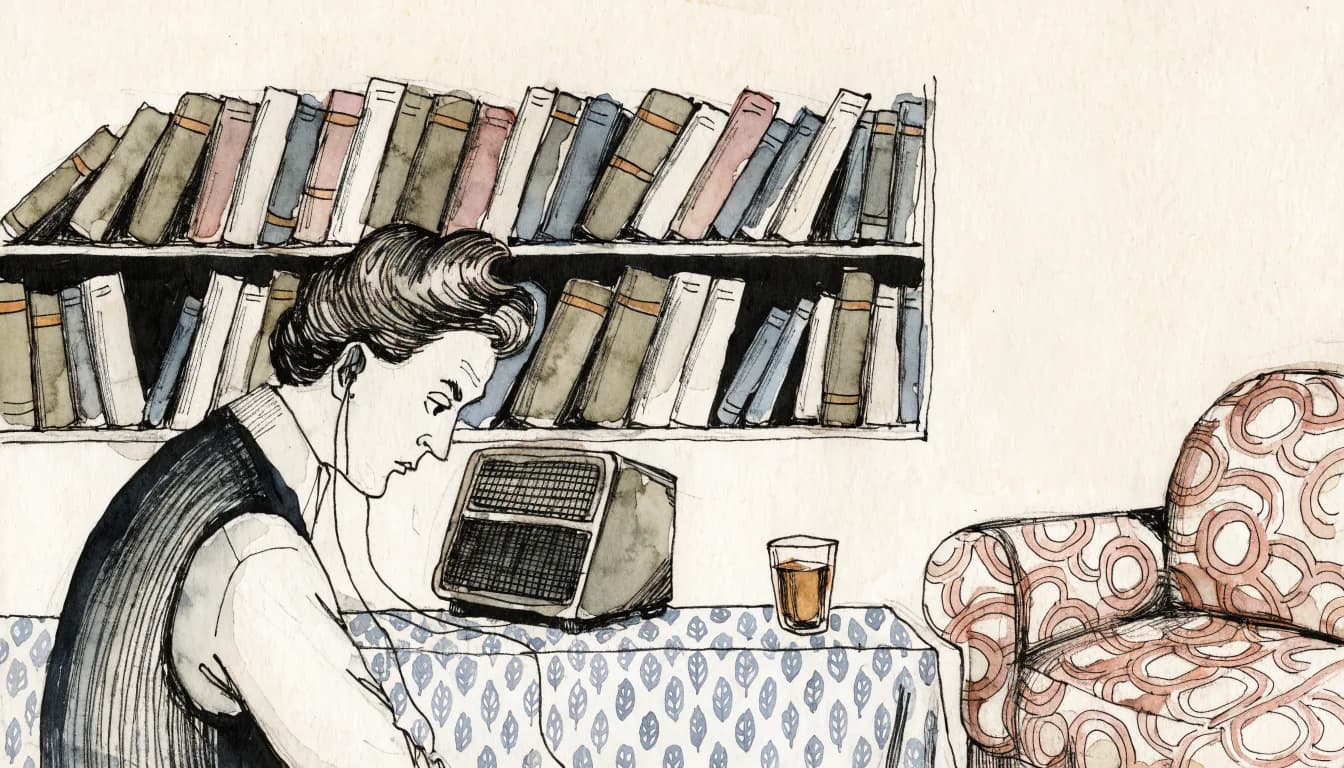 Ilustração de crítico emigrado ouvindo rádio antigo junto a estante de histórias literárias como fosso de orquestra