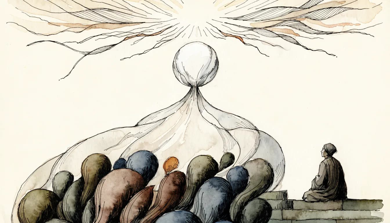 Ilustração do Uno como sol e véu luminoso sobre formas coloridas, erudito antigo contemplando do terraço