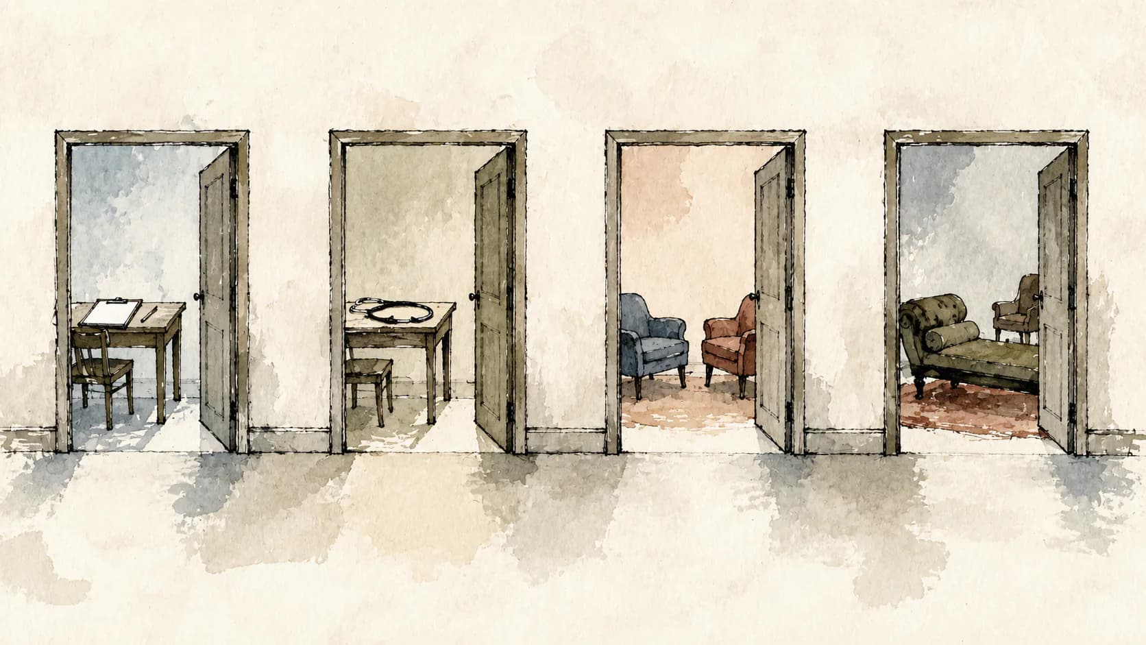 Quatro salas representam psicologia, psiquiatria, psicoterapia e psicanálise