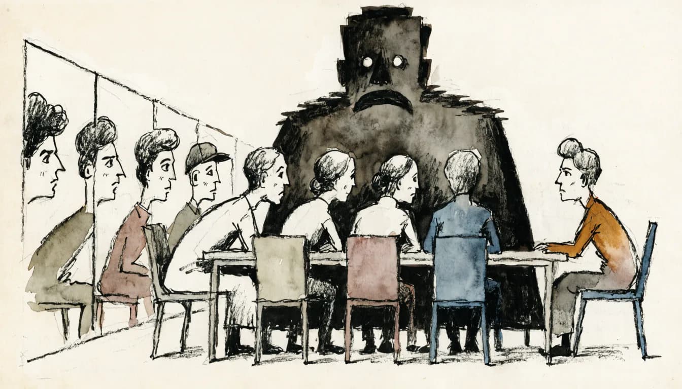 Ilustração de reunião em que todos olham um vilão de papelão enquanto um espelho na parede reflete os rostos ignorados