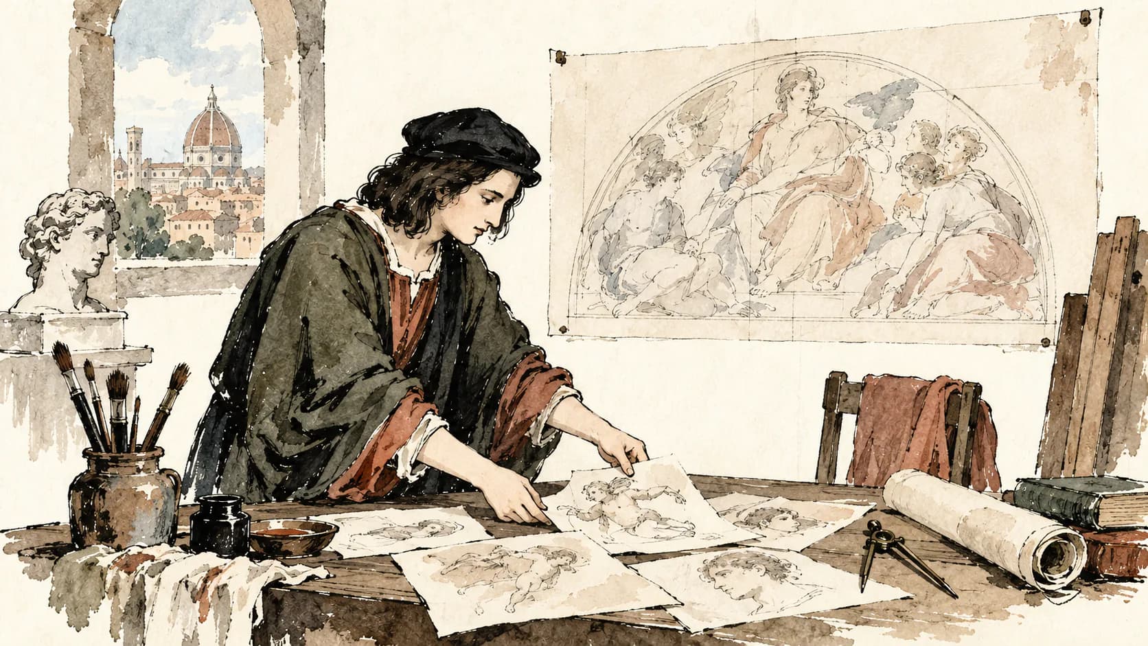Retrato editorial de Rafael Sanzio diante de um estudo de composição renascentista