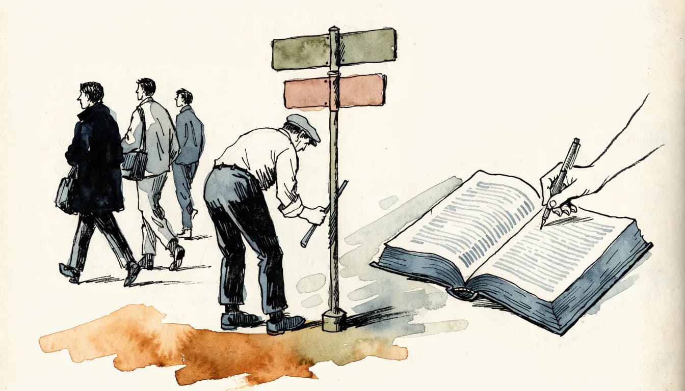 Ilustração de trabalhador trocando letras em placas de rua enquanto pedestres passam e dicionário aberto tem páginas reescritas
