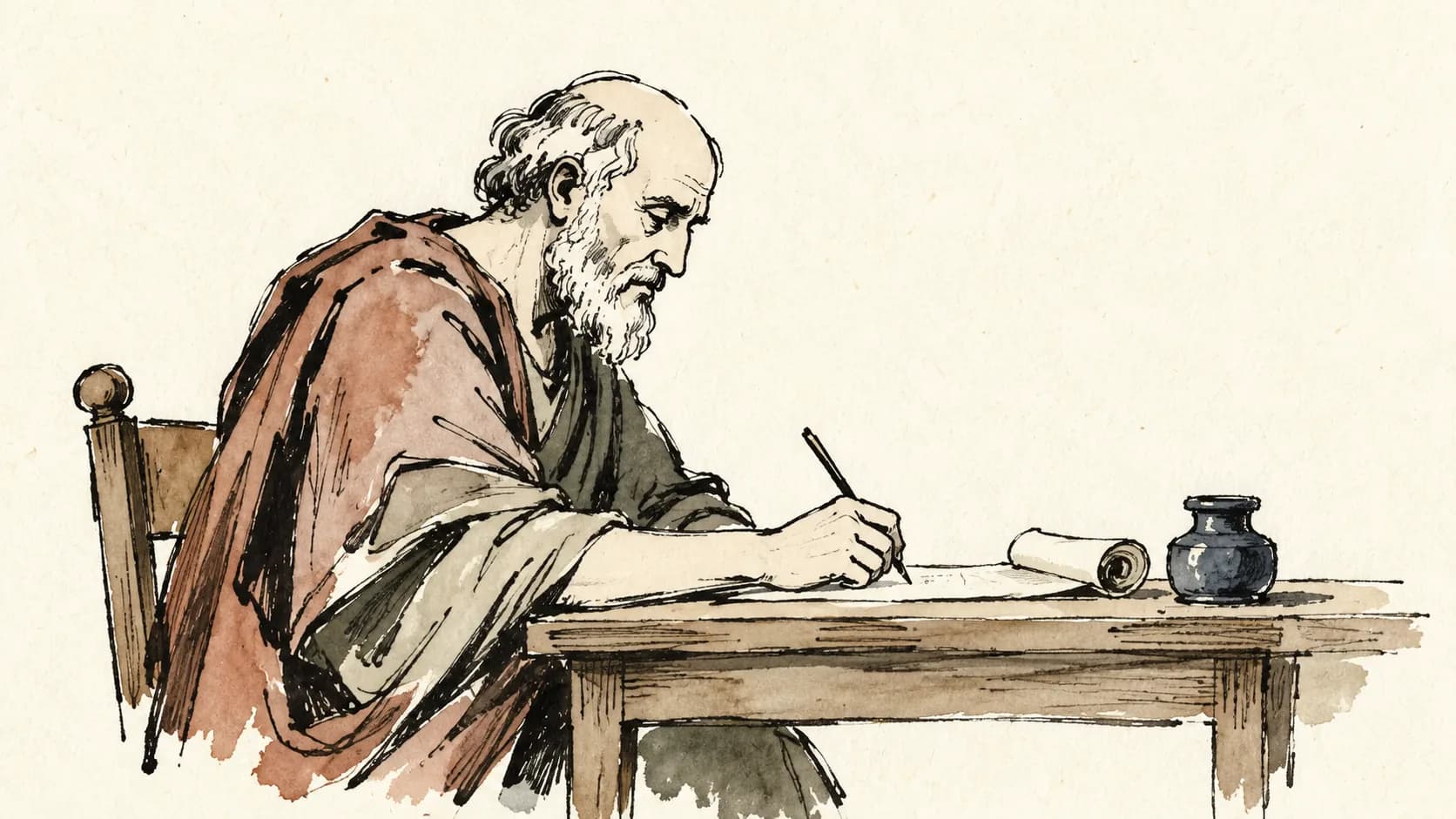Retrato editorial do filósofo romano Sêneca com cartas e livros