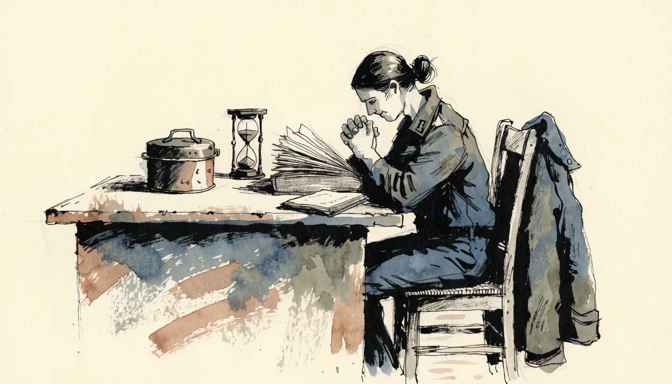 Ilustração de uma marmita fechada e uma ampulheta entre um livro aberto e um caderno numa mesa gasta