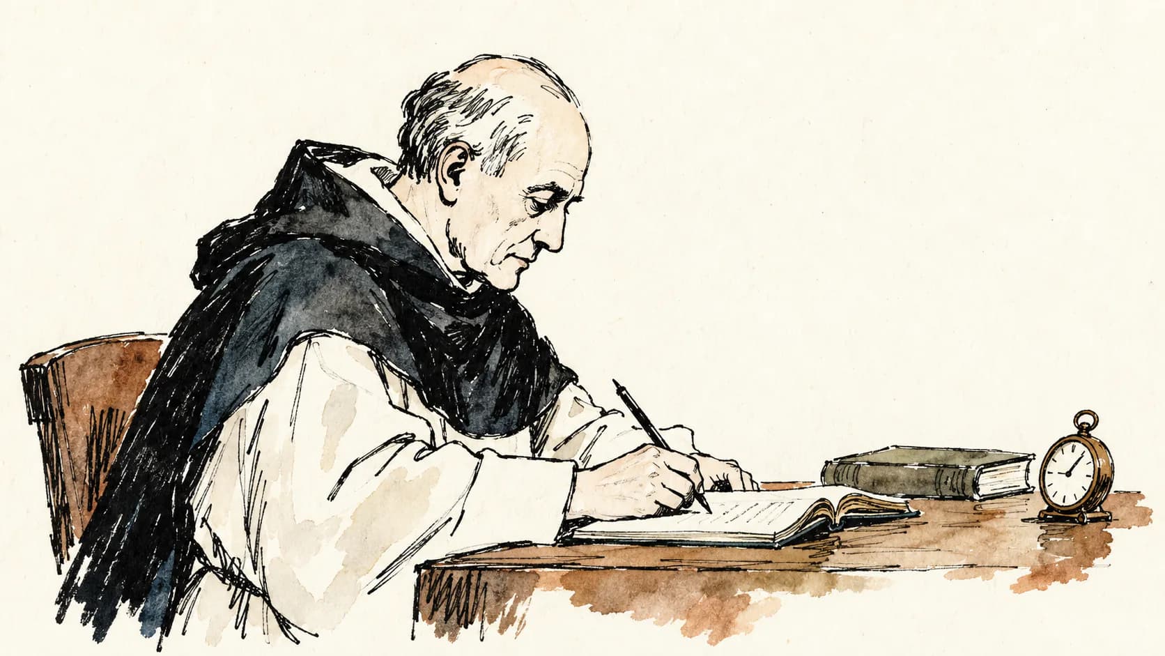Retrato editorial de A.-D. Sertillanges escrevendo em sua mesa
