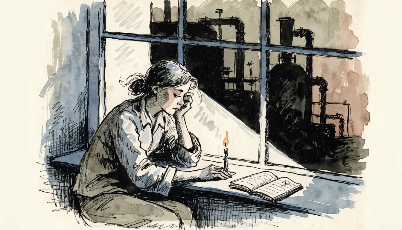 Ilustração de mulher à janela da fábrica ao crepúsculo com vela e caderno no peitoril — feixe de atenção na penumbra