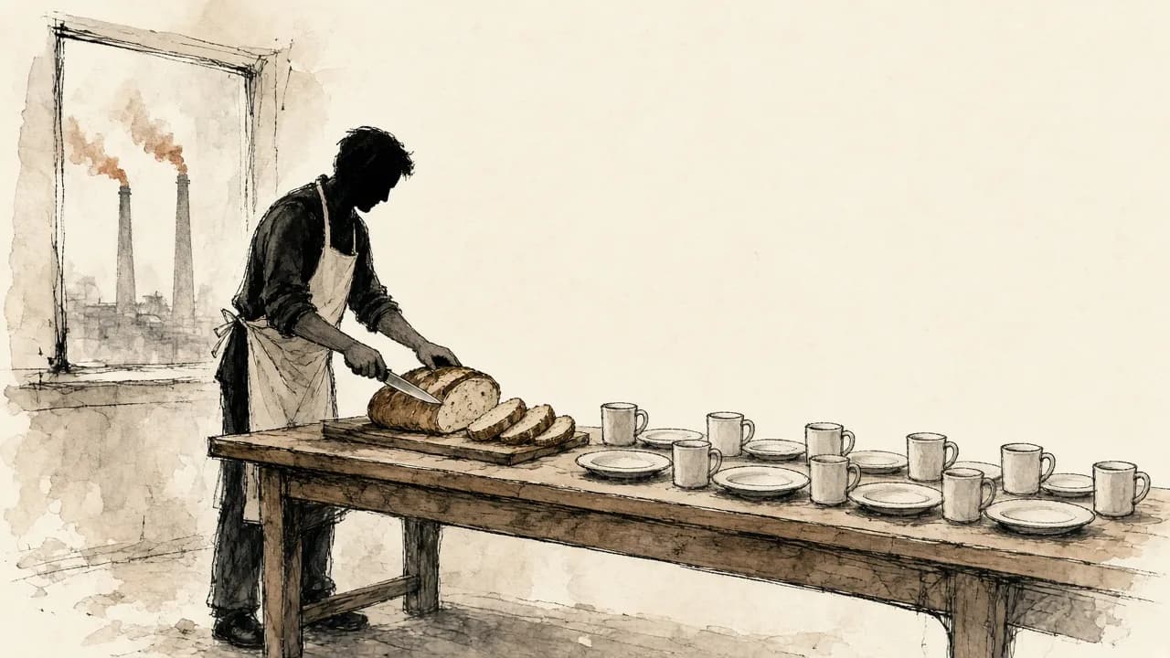 Homem de avental, de perfil e sem traços definidos, fatia um pão sobre uma mesa comprida de madeira com canecas e pratos iguais enfileirados; pela janela aparecem duas chaminés de fábrica.