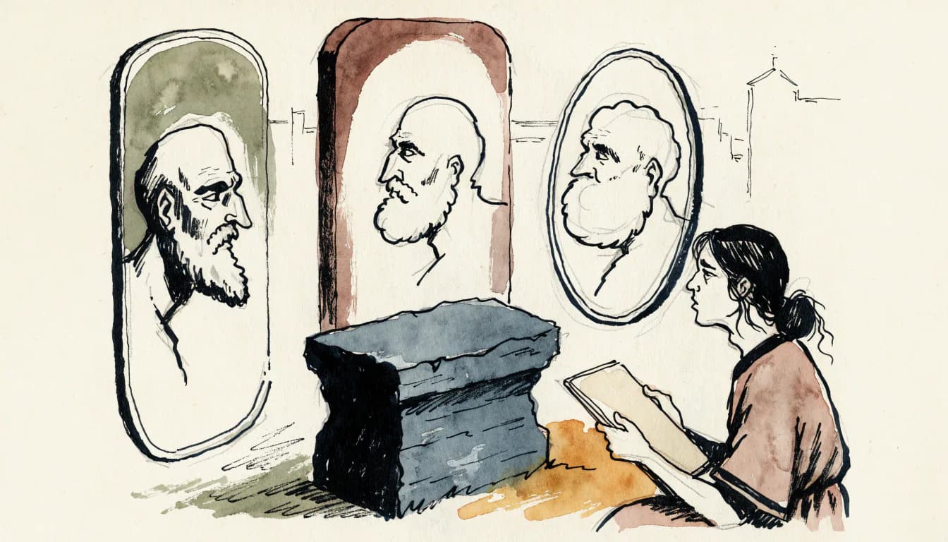 Ilustração de assento vazio na ágora cercado por três espelhos com silhuetas distintas do mesmo homem
