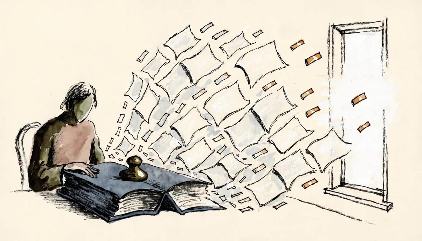 Ilustração de um livro aberto preso por um peso de papel enquanto páginas e abas flutuam em direção à janela