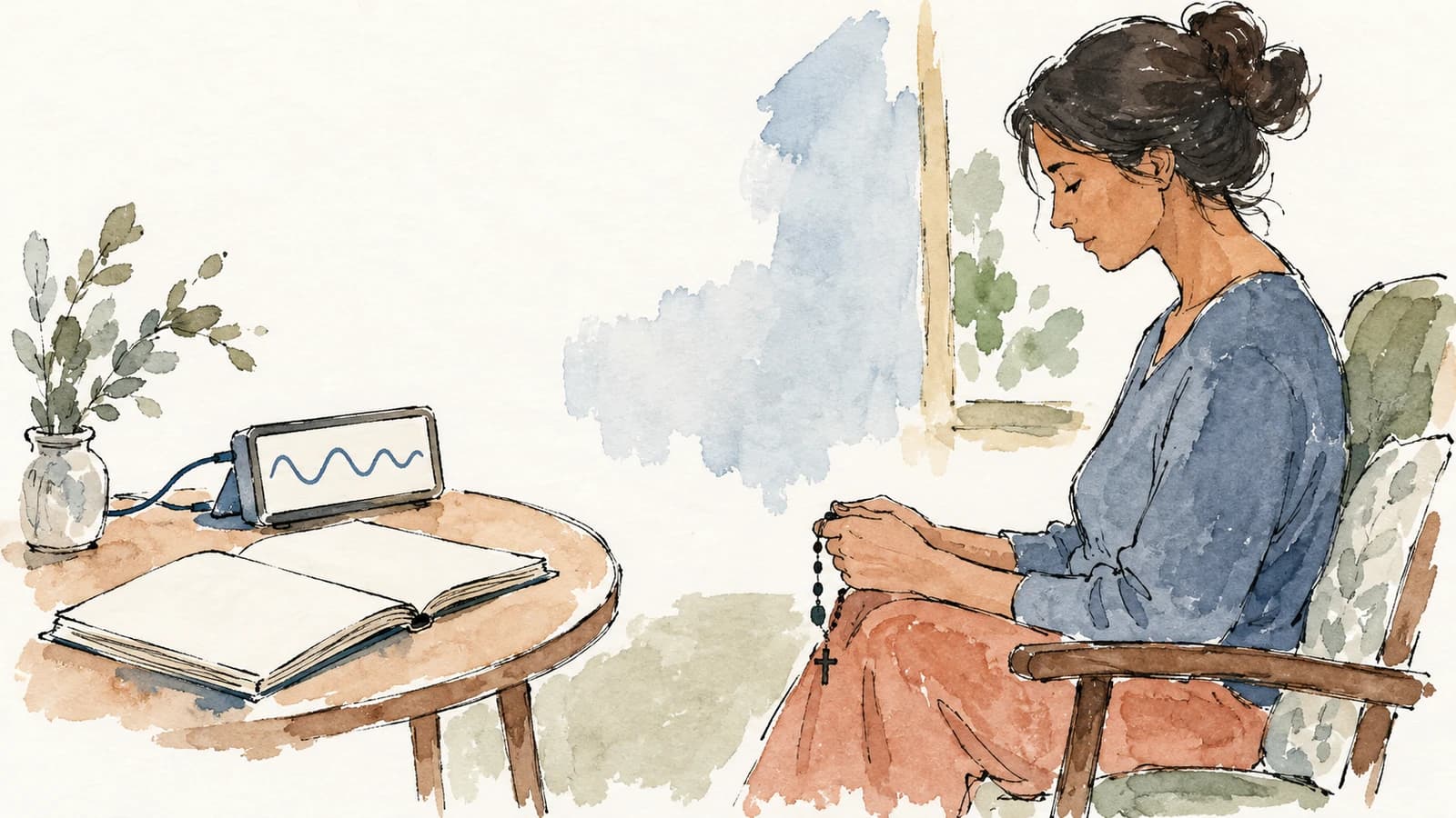 Ilustração de uma mulher sentada com um terço nas mãos, ao lado de um caderno e de um instrumento com uma linha ondulada abstrata.