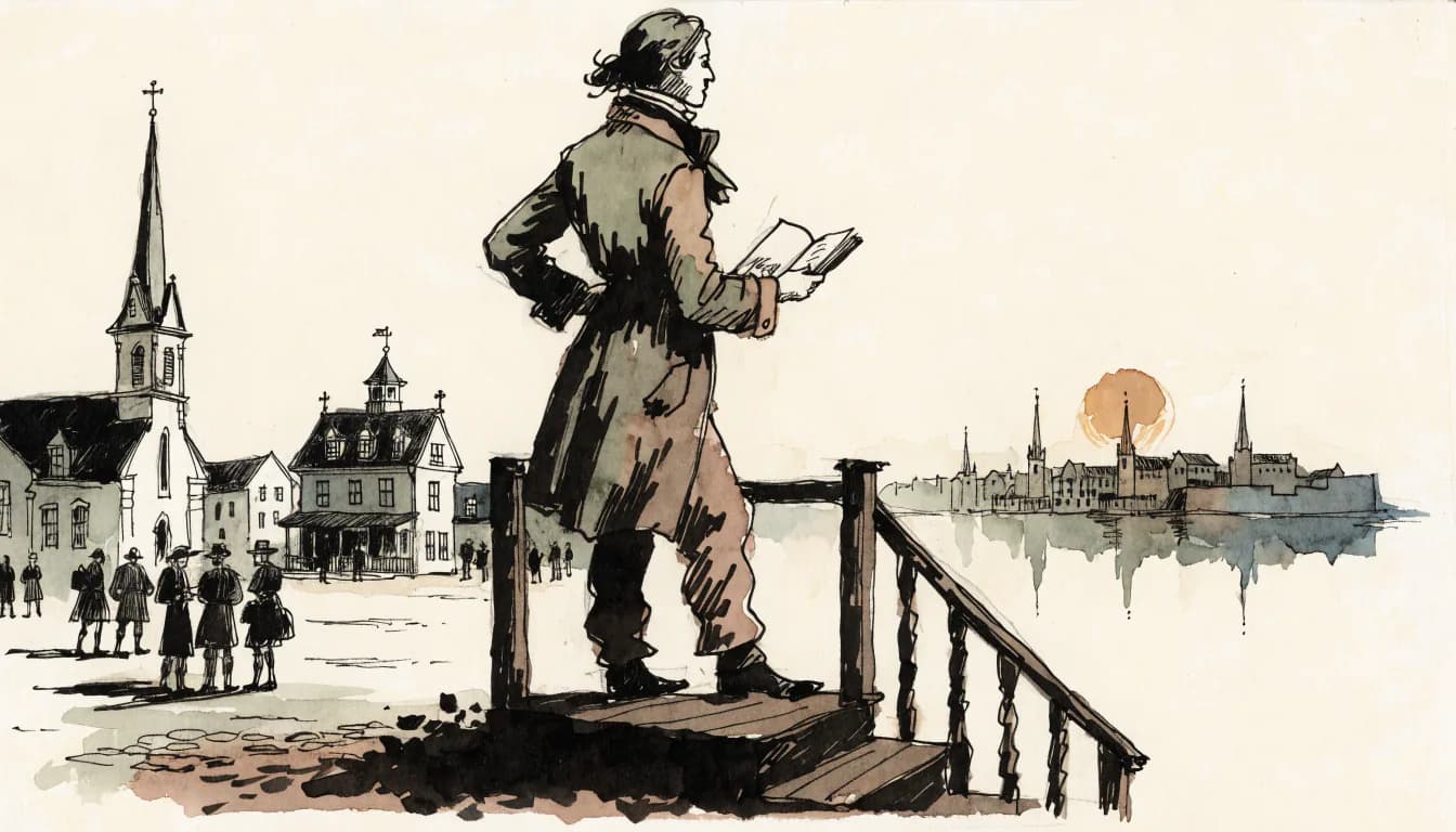 Ilustração de viajante do século XIX no alpendre diante de praça com igreja, caderno na mão e cidade ao longe