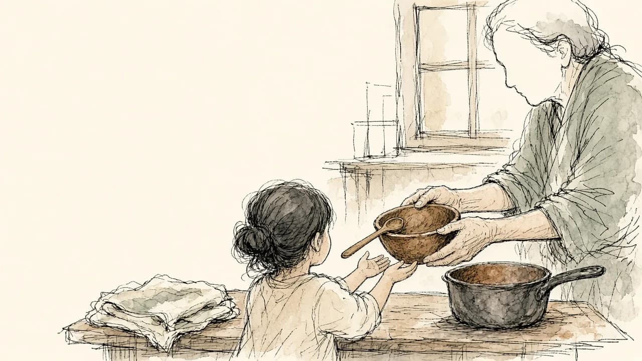 Senhora idosa entrega uma tigela de barro com uma colher de pau a uma menina vista de costas; sobre a mesa, um pano dobrado e uma panela, e ao fundo uma janela.