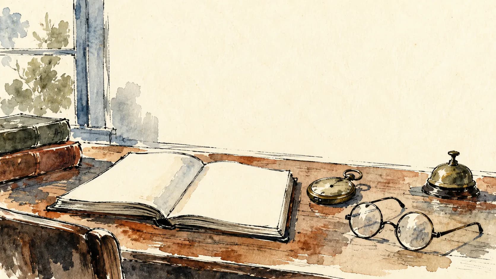 Caderno, relógio de bolso, óculos e campainha sobre a mesa de um estudo