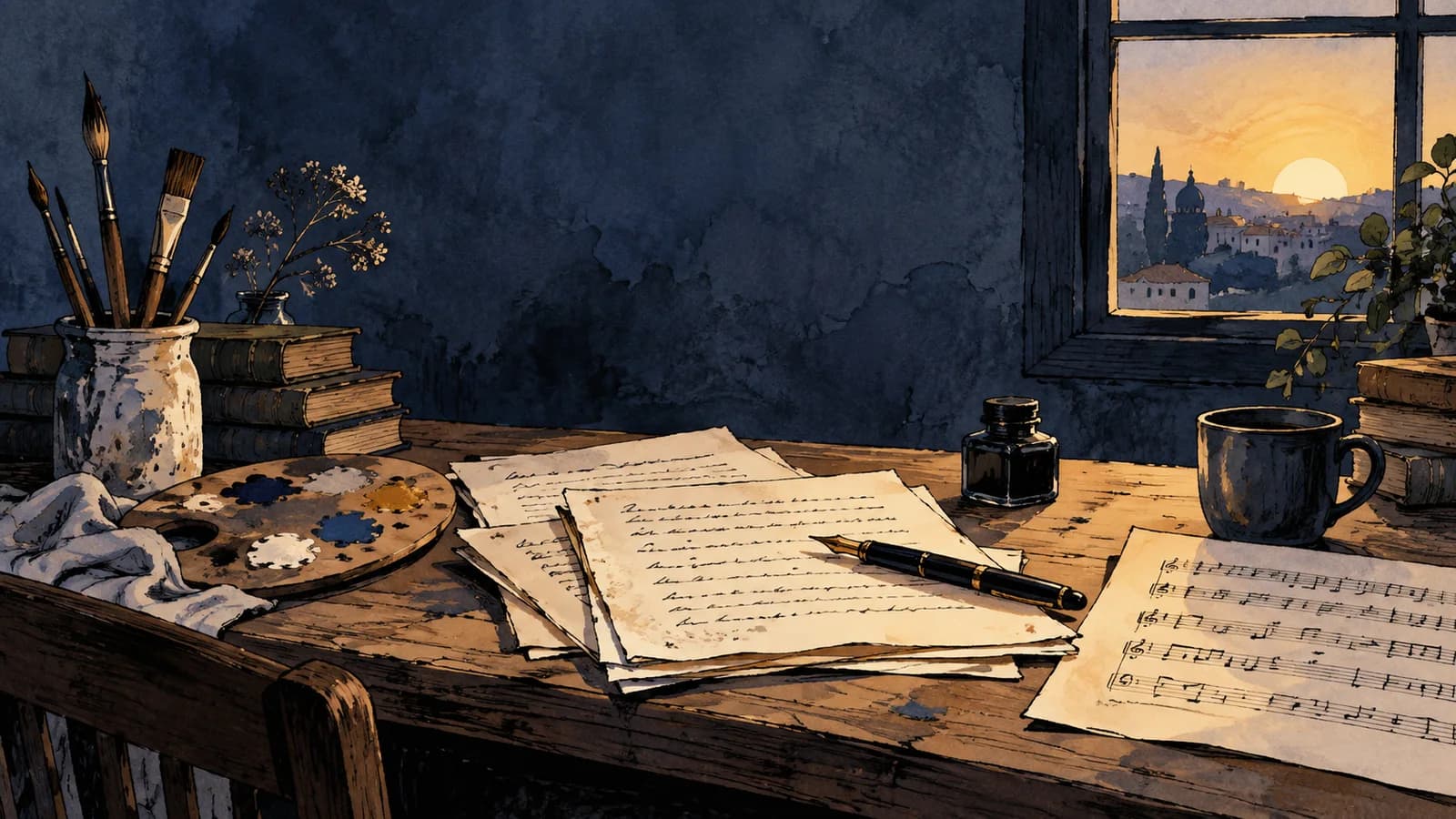 Mesa de criação com pincéis, manuscritos e partitura diante da luz do amanhecer