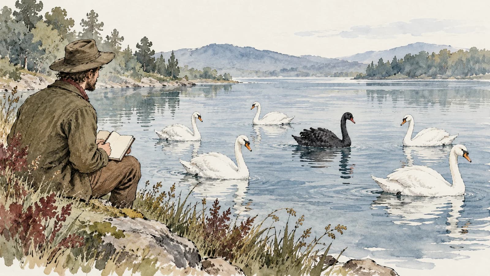 Um observador anota a presença de um cisne negro entre vários cisnes brancos em um lago