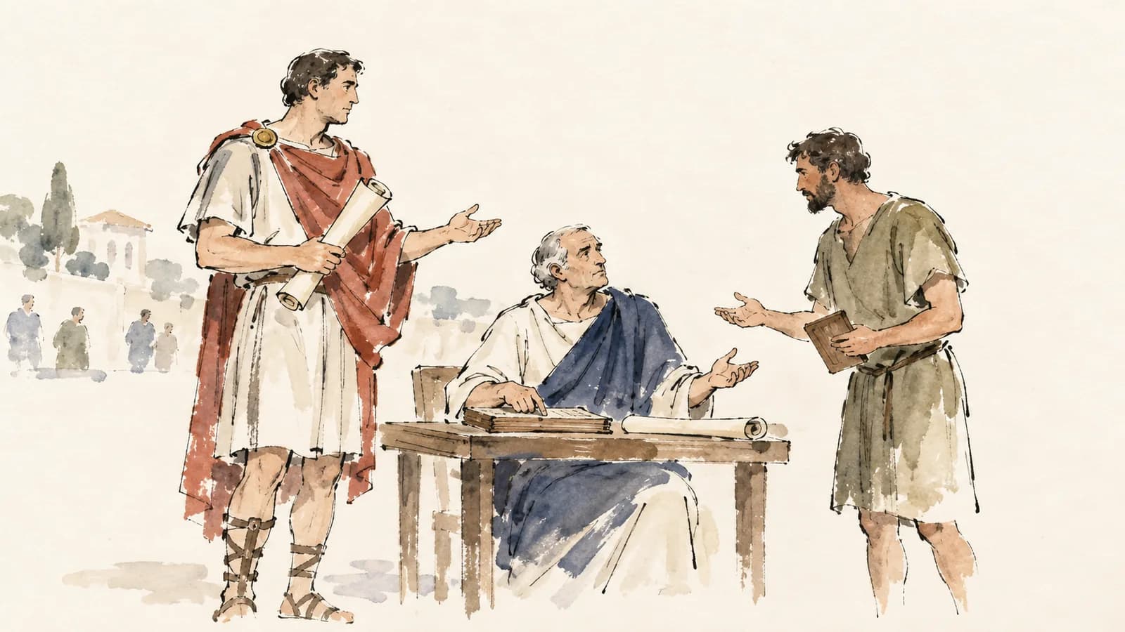 Três cidadãos romanos discutem diante de uma mesa com rolos e registros