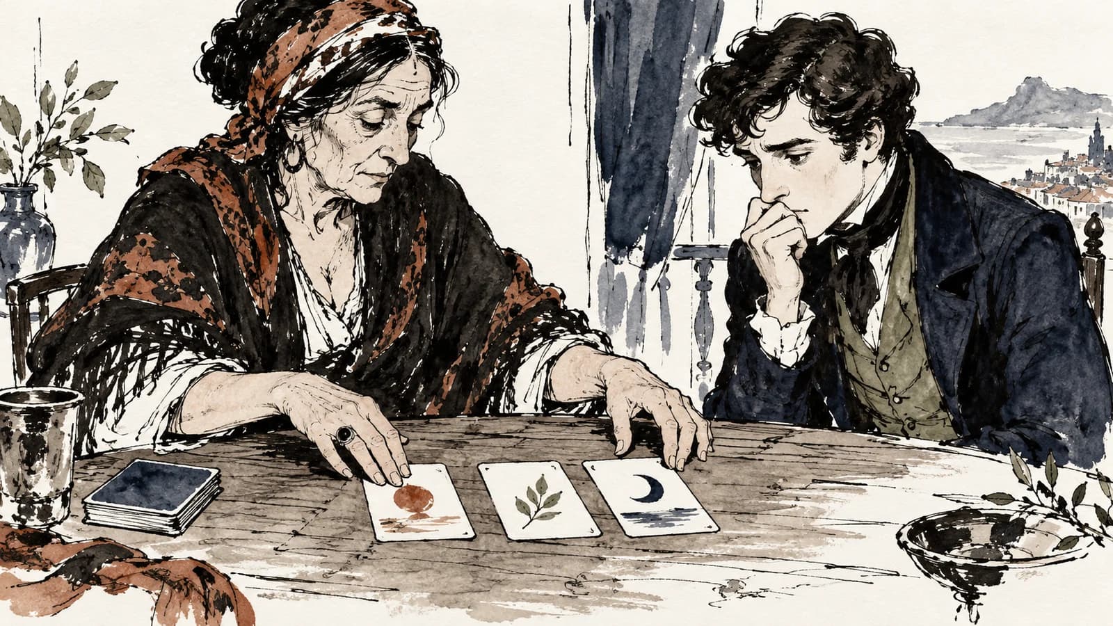 Ilustração de uma mulher dispondo cartas sobre a mesa diante de um jovem, com uma janela ao fundo