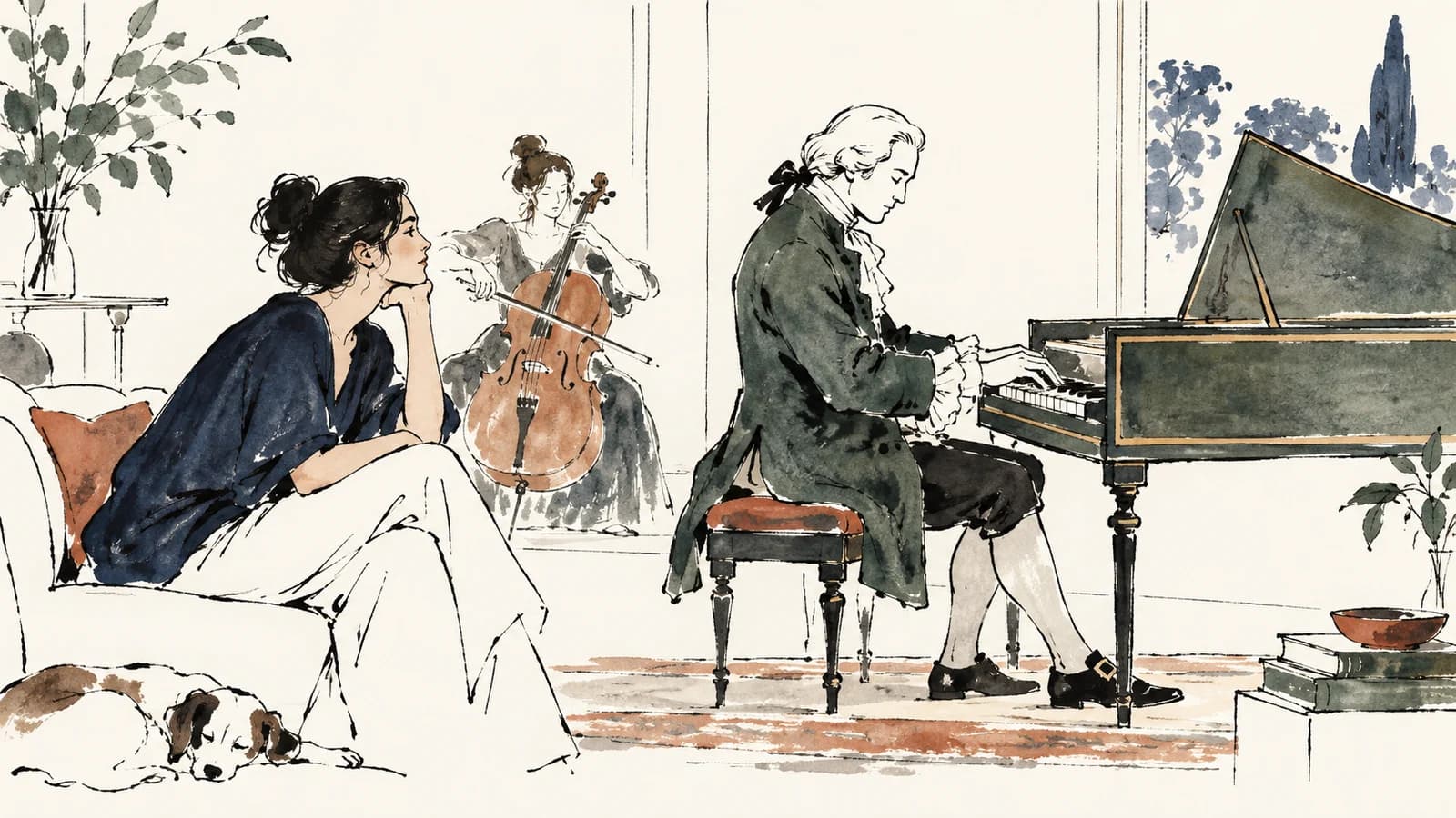 Ilustração de um músico ao cravo, um violoncelista e uma ouvinte em uma sala de concerto intimista