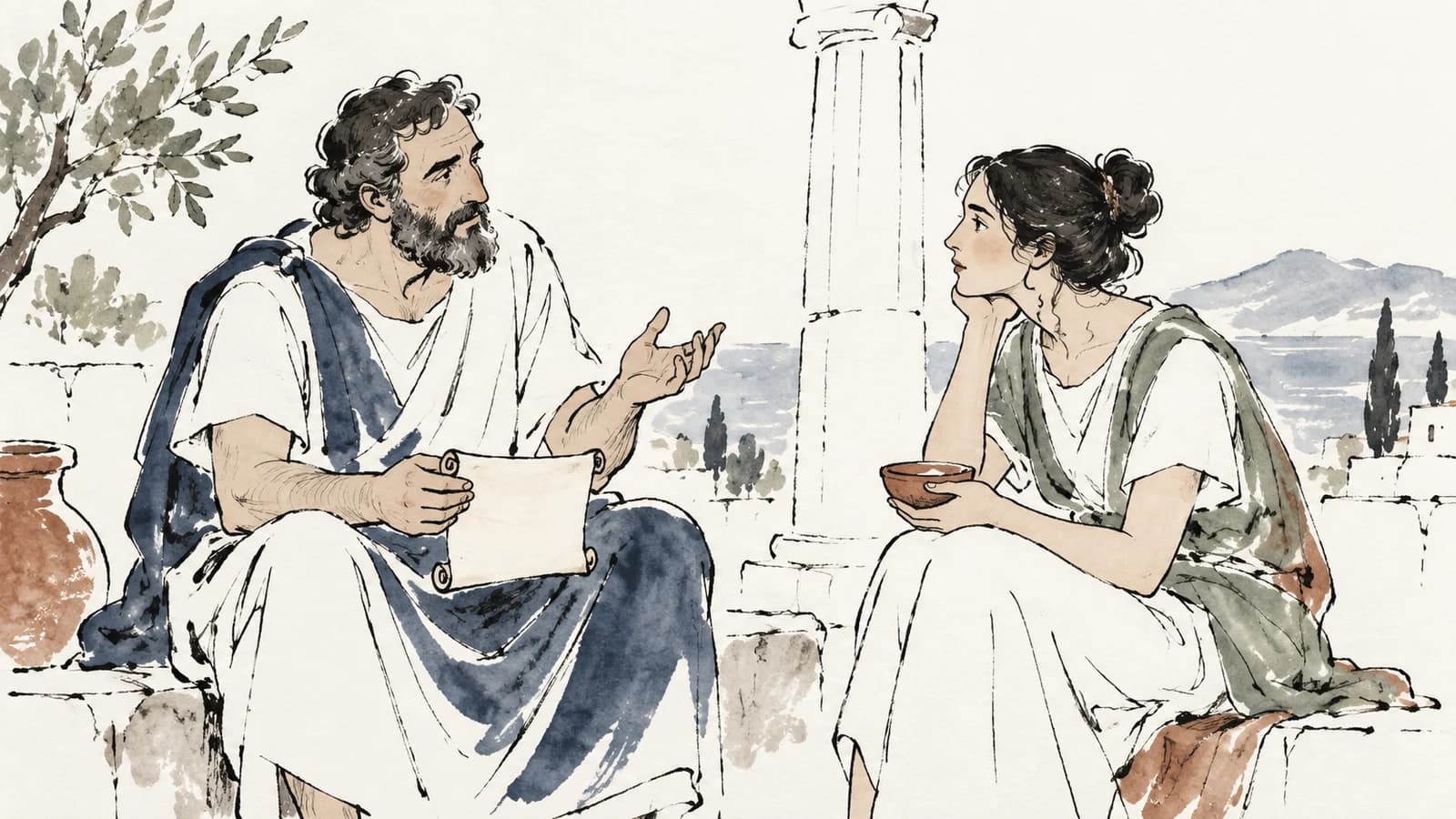 Ilustração de um mestre e um jovem conversando diante de colunas, com um pequeno volume entre eles