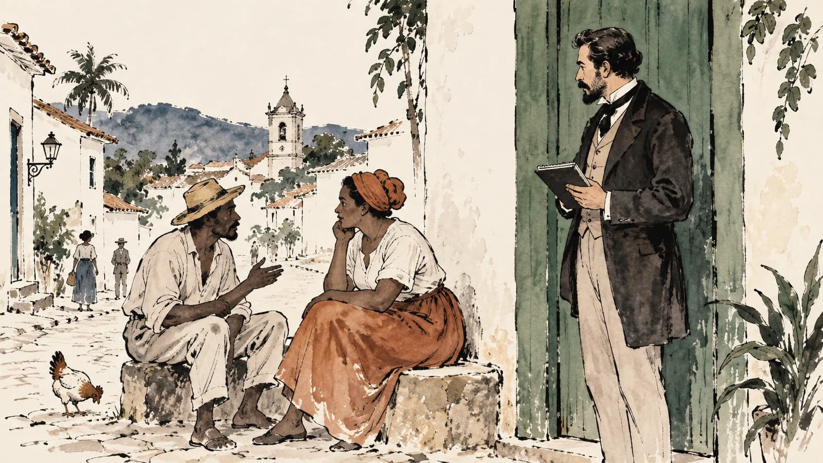Ilustração de um médico diante da porta verde de uma instituição, observado por moradores de uma vila